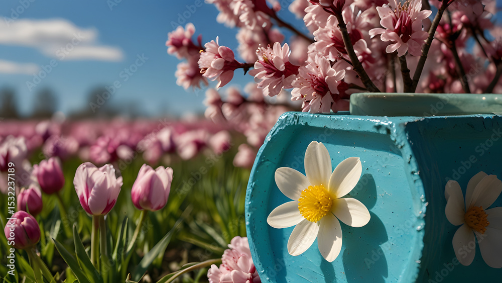 custom made wallpaper toronto digitalExquisite cake embellished with a colorful arrangement of fresh flowers, showcasing culinary artistry against a soft blue background and decorative gold vase highlighting lush tropical bouque.