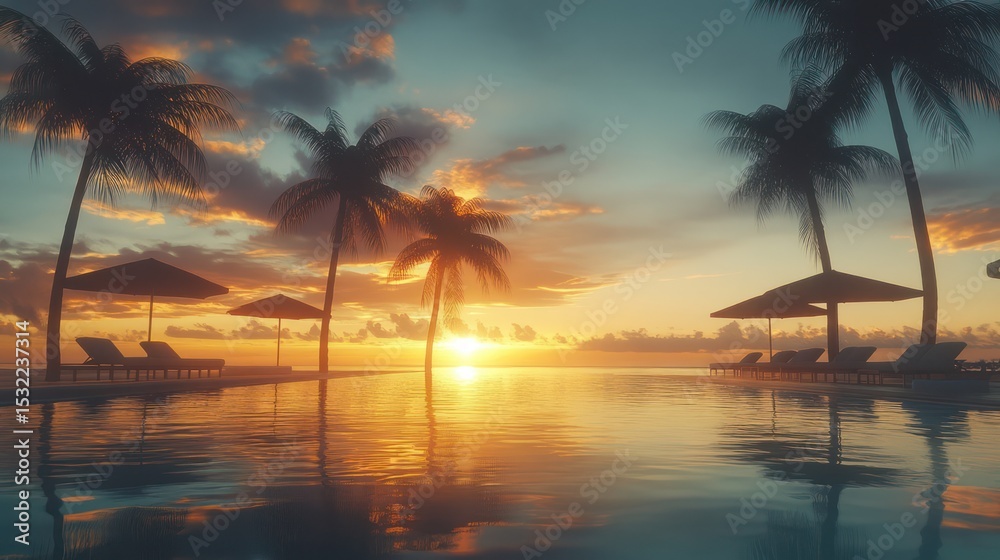 Obraz premium Sunset over a pool, with palm trees and beach umbrellas. Soft light reflects on water