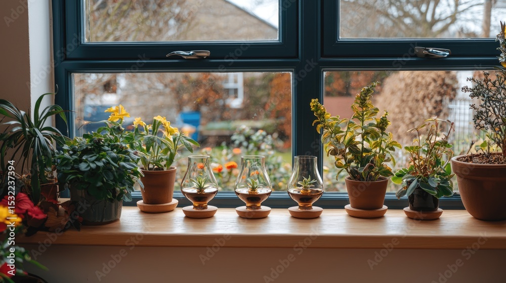 Fototapeta premium Window Plants and Whiskey Still Life