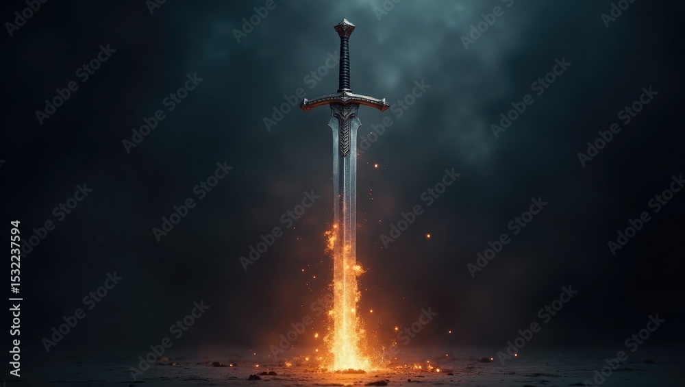 Naklejka premium Fantasy medieval sword flaming ground dark background epic battle game