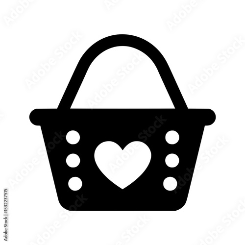 Shopping Basket Icon with Heart Symbols, Simple black and white icon of a shopping basket decorated with heart shapes, representing love for shopping or gifts.

