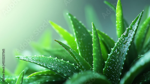 Aloe vera leaves with water droplets create fresh and vibrant scene, highlighting plant natural beauty and soothing properties. green hues and soft lighting enhance its calming effect