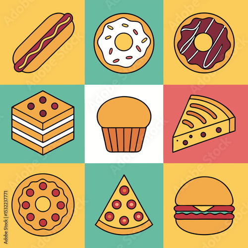  diverse bakery snack icons a vibrant collect