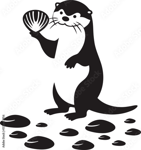 Adorable black and white otter holding a shell illustration
