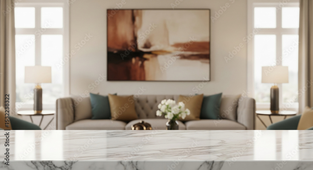 Fototapeta premium Clean white marble surface, blurred living room background, showcasing a spacious interior with sofa and artwork, ideal for product display or advertisement