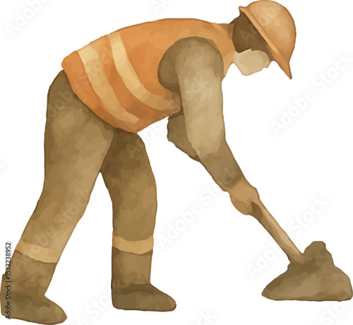 Construction worker in an orange safety vest and hard hat, digging with a shovel into a pile of earth. Depicts the physical effort and skill involved in road repair, set against a detailed 