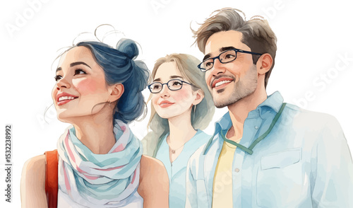 Watercolor Style – Diverse Group of Happy Friends Traveling Together: Holiday Vacation, Smiles, Friendship, Good Mood, and Joyful Togetherness on a Relaxing Weekend Trip | Vector Illustration.

