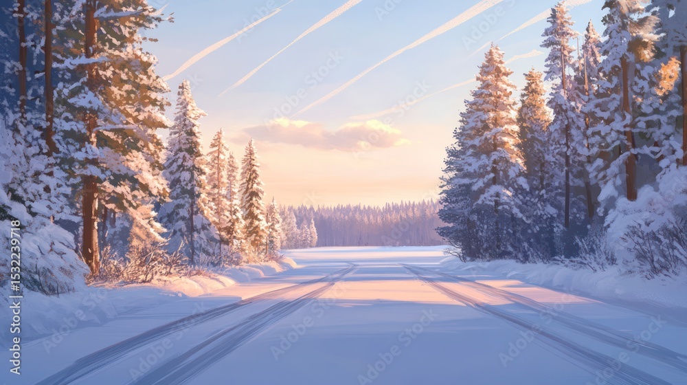 Obraz premium Winter landscape of snow-covered road amidst tall pine trees under a colorful dawn sky