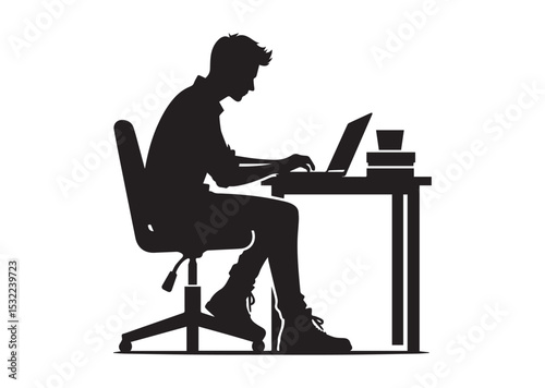 A man browsing laptop sitting on the chair in front of table Silhouette Vector