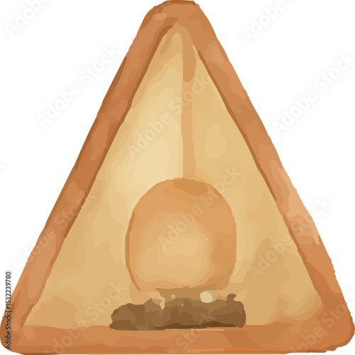 This illustration depicts a triangular road construction warning sign with an orange border, featuring a simple hard hat icon inside. The design uses earthy tones to signify ongoing roadwork, serving 