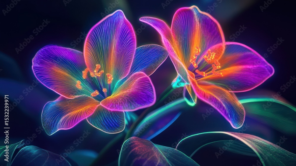 Fototapeta premium Two glowing, neon-colored flowers, intricate translucent petals against a dark background