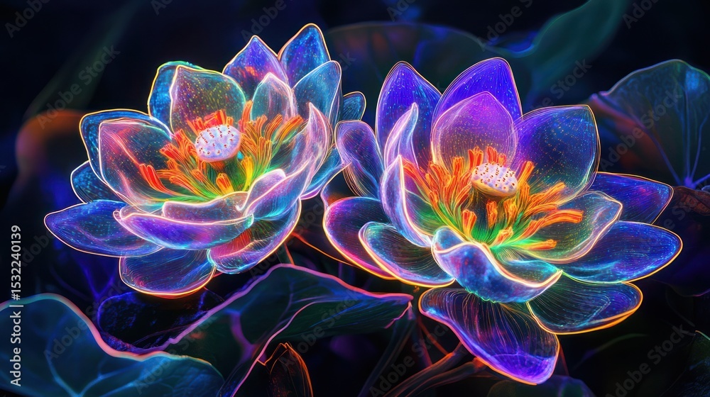 Obraz premium Two vibrant, glowing flowers with translucent petals are depicted against a dark backdrop