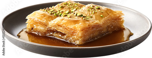Baklava dessert with pistachio and syrup topping on a transparent background
