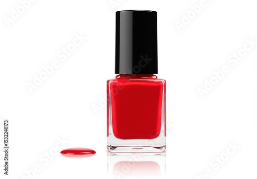 Red nail polish bottle with black cap and spilled drop