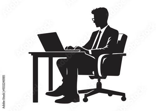 A man browsing laptop sitting on the chair in front of table Silhouette Vector
