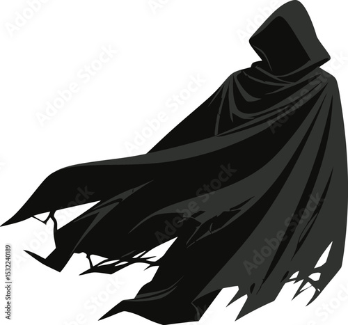 Mysterious Figure in Flowing Dark Cloak Silhouette Illustration