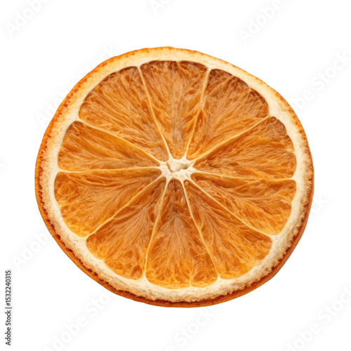 Dried orange slice isolated on a white background showcasing natural textures and vibrant color