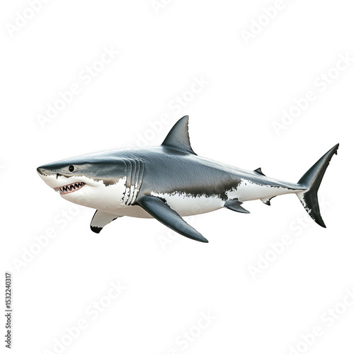 A great white shark swimming, showing its sleek body, sharp teeth, and distinctive dorsal fin. Png, Transparent background.