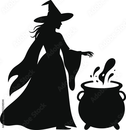 A silhouette of a witch wearing a hat stirring a cauldron with bubbling liquid on a white background