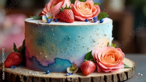 Galactic painted cake with pink rose blossoms and fresh strawberries on wooden slab with blurred interior background. Floral space fusion concept