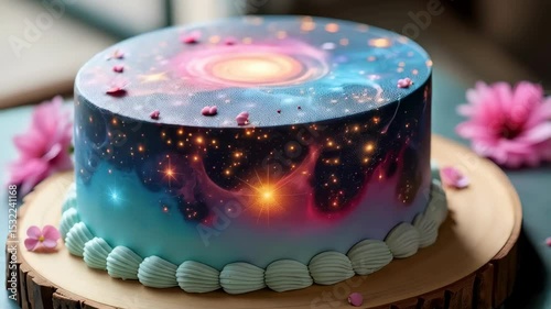 Galaxy dessert cake featuring glowing nebula swirl and piped cream border on wooden surface. Interstellar dream concept