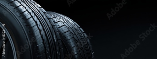 Black background with tires in the foreground. Close-up of car wheels. The concept is to place an advertising banner for tire services.