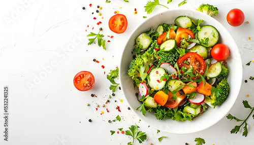 Bowl with delicious vegetable salad on white background, top view