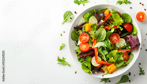 Bowl with delicious vegetable salad on white background, top view