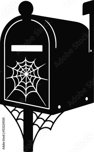 A black and white illustration of a mailbox decorated with spiderwebs for a halloween theme design silhouette