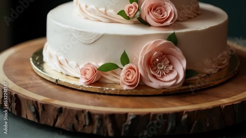 Two-tier buttercream cake adorned with peach sugar roses and green leaves on wooden slab in soft interior lighting. Romantic wedding concept