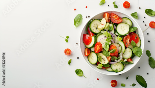 Bowl with delicious vegetable salad on white background, top view