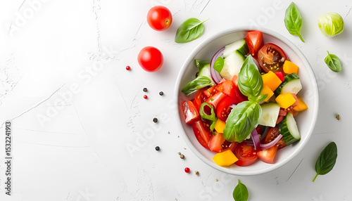 Bowl with delicious vegetable salad on white background, top view