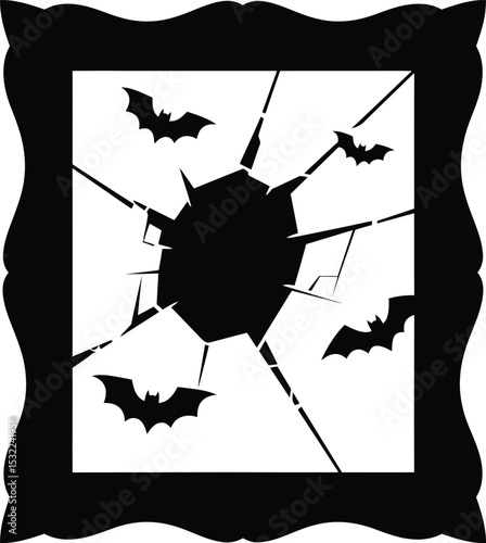 A spooky halloween themed illustration featuring bats flying around a cracked window inside a frame design silhouette