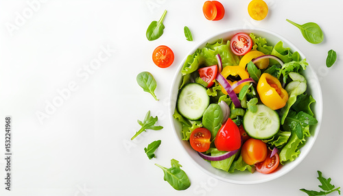 Bowl with delicious vegetable salad on white background, top view