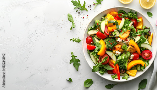Bowl with delicious vegetable salad on white background, top view