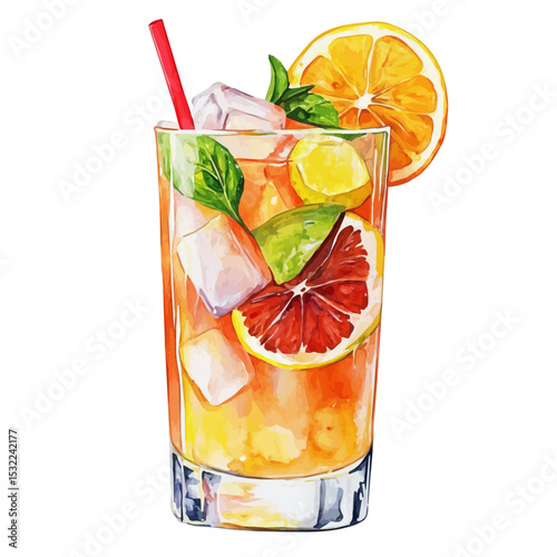 Tropical Drink Citrus Ice, watercolor illustration vector, isolated on a white background.