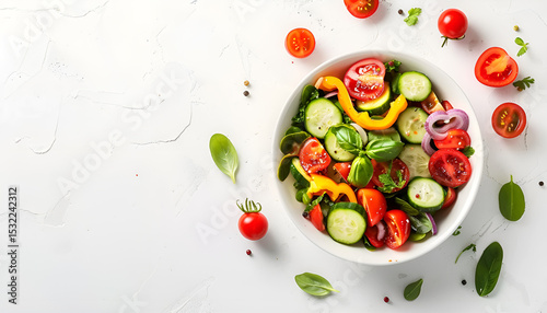 Bowl with delicious vegetable salad on white background, top view
