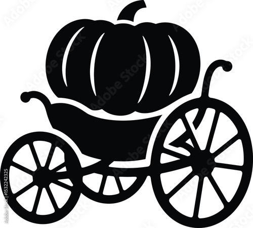 A silhouette of a pumpkin carriage with ornate wheels and a small stem on top of the pumpkin shape