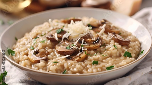 A bowl of rich and creamy mushroom risotto with Parmesan cheese.