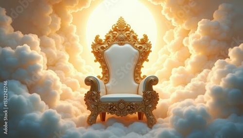 Ornate gold throne on clouds with heavenly light