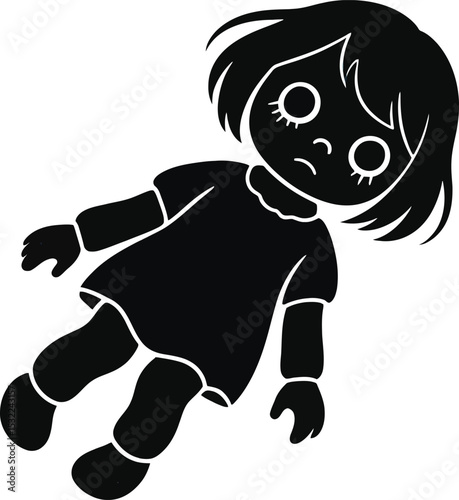 A black silhouette illustration of a sad looking doll with short hair and large eyes lying down alone
