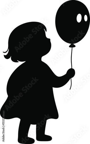 A silhouette of a young girl gazing up at a round balloon held in her hand against a white background
