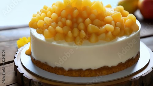 White mousse cake topped with piled diced mango cubes and glossy syrup drizzle on wooden slab Tropical mango orchard concept