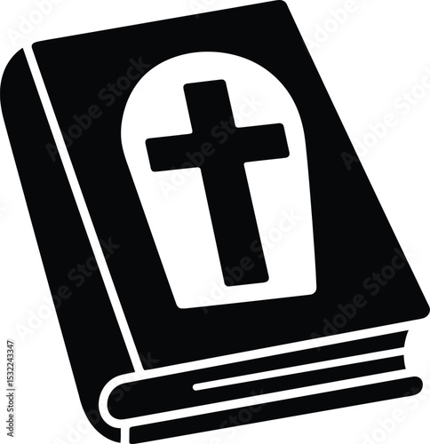 A black and white illustration of a closed book with a cross symbol on the cover representing faith and religion silhouette