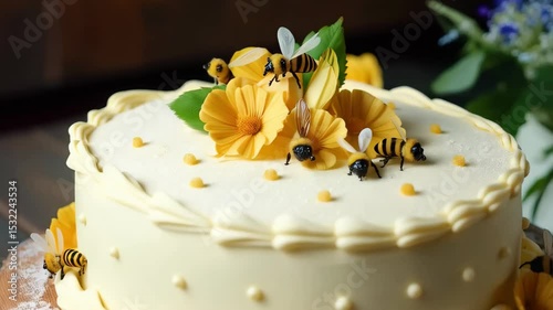 White buttercream cake decorated with piped daisies and realistic bees on wooden slab Pollinator garden concept
