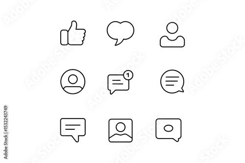 Outline icons depicting social media interactions