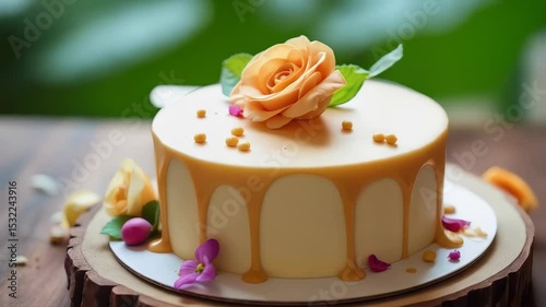 Single layer buttercream cake with glossy caramel drip cascading over two sugar roses and green leaves in dim candlelit ambiance Sunset romance concept