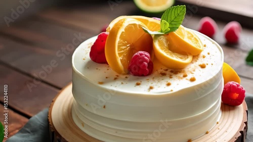 White fondant cake topped with fresh lemon slices raspberries and mint leaves on wooden board Citrus orchard concept