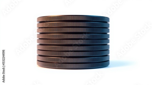 Stack of dark metallic coins arranged vertically against a pure white background, studio shot.