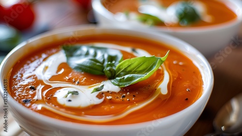 A rich and creamy bowl of tomato bisque soup, topped with a swirl of cream and basil leaves.